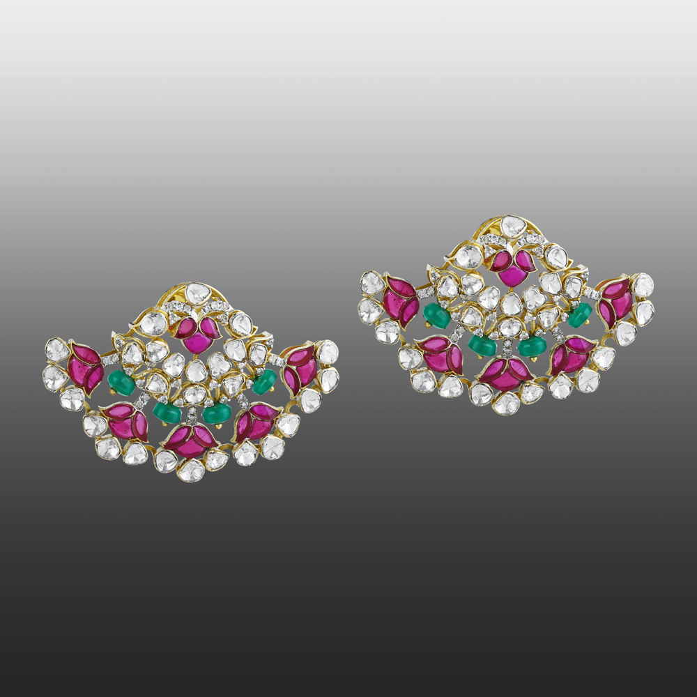 Radiant Cluster Earrings with Pink Petals and Green Accents